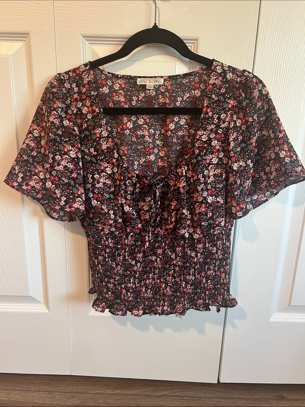 nine britton Black Floral Smocked Peplum Top with Pink and White Blooms